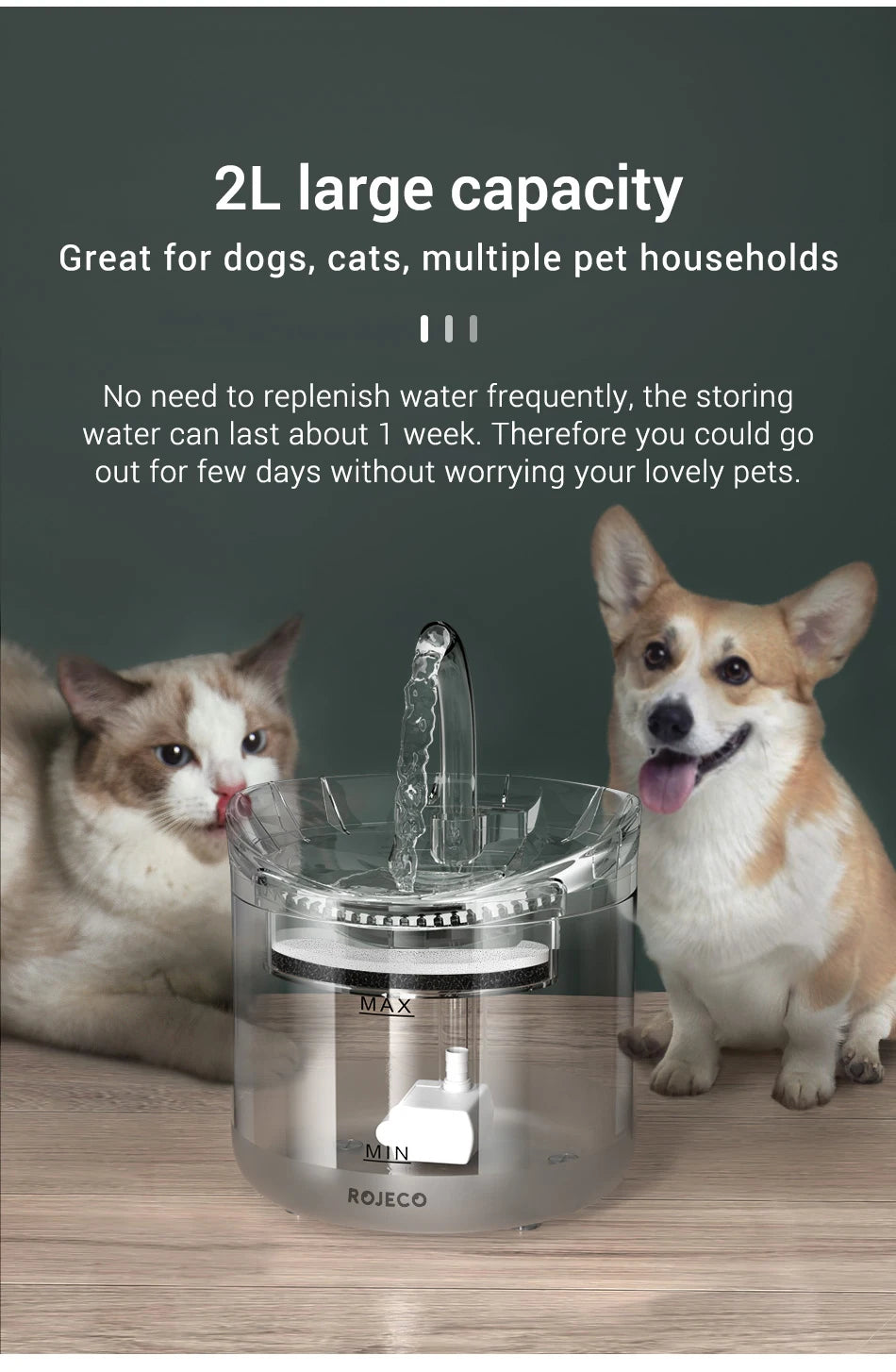 Fuente de agua para gatos ROJECO, dispensador automático de agua para mascotas, bebedero inteligente para gatos, sensor automático, accesorios para fuente de agua para gatos