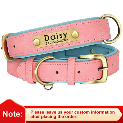 Collar para perro con placa de identificación de cuero PU personalizado, collares para perros suaves y acolchados, grabado gratuito, nombre para perros pequeños, medianos y grandes, ajustable