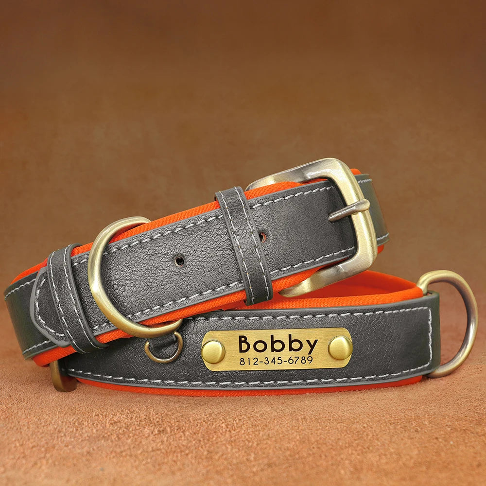 Collar para perro con placa de identificación de cuero PU personalizado, collares para perros suaves y acolchados, grabado gratuito, nombre para perros pequeños, medianos y grandes, ajustable