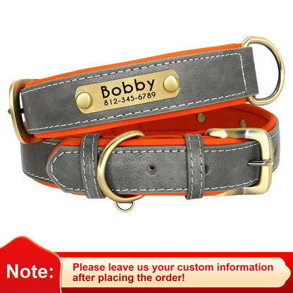 Collar para perro con placa de identificación de cuero PU personalizado, collares para perros suaves y acolchados, grabado gratuito, nombre para perros pequeños, medianos y grandes, ajustable