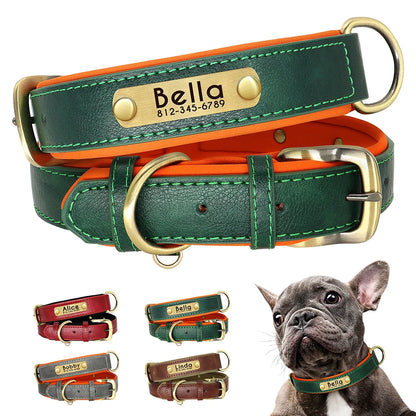 Collar para perro con placa de identificación de cuero PU personalizado, collares para perros suaves y acolchados, grabado gratuito, nombre para perros pequeños, medianos y grandes, ajustable