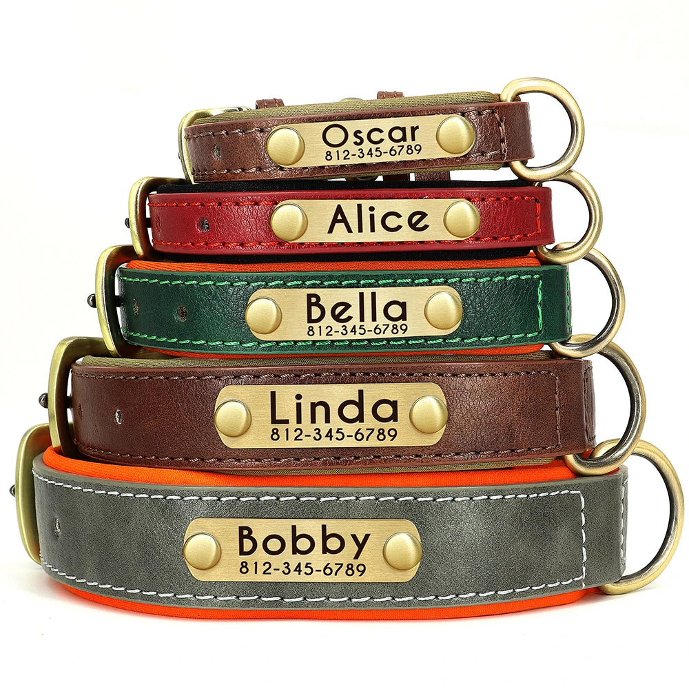 Collar para perro con placa de identificación de cuero PU personalizado, collares para perros suaves y acolchados, grabado gratuito, nombre para perros pequeños, medianos y grandes, ajustable