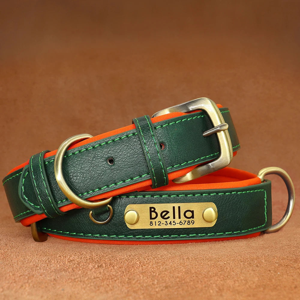 Collar para perro con placa de identificación de cuero PU personalizado, collares para perros suaves y acolchados, grabado gratuito, nombre para perros pequeños, medianos y grandes, ajustable