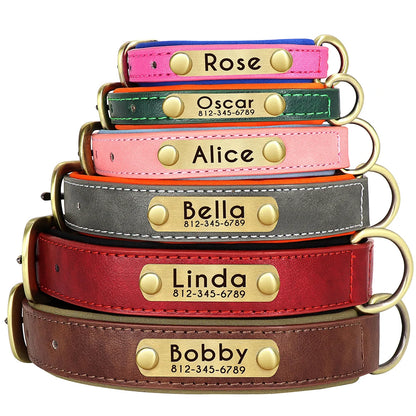 Collar para perro con placa de identificación de cuero PU personalizado, collares para perros suaves y acolchados, grabado gratuito, nombre para perros pequeños, medianos y grandes, ajustable