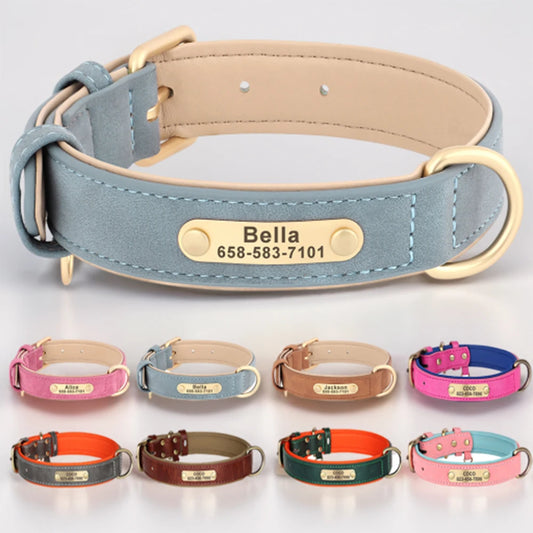 Collar de perro personalizado Collar de perro de cuero PU grabado personalizado Placa de identificación con grabado gratuito para perros pequeños, medianos y grandes