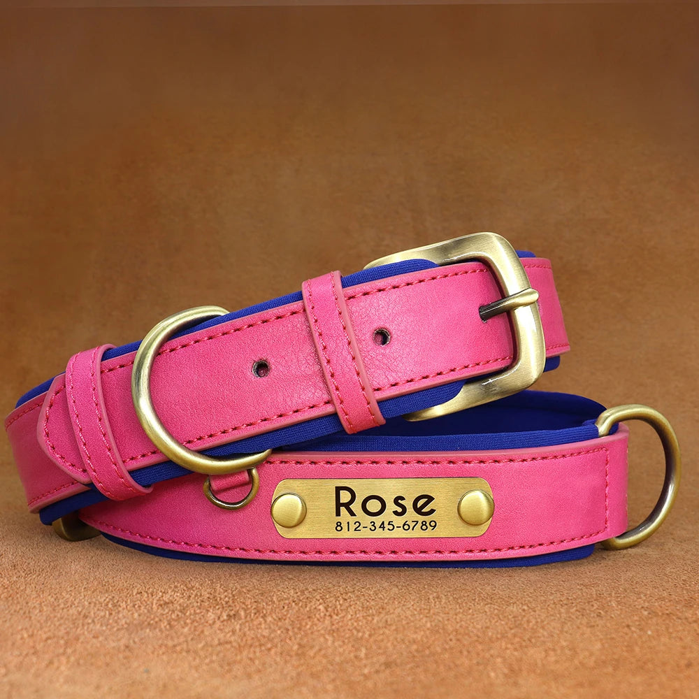 Collar para perro con placa de identificación de cuero PU personalizado, collares para perros suaves y acolchados, grabado gratuito, nombre para perros pequeños, medianos y grandes, ajustable