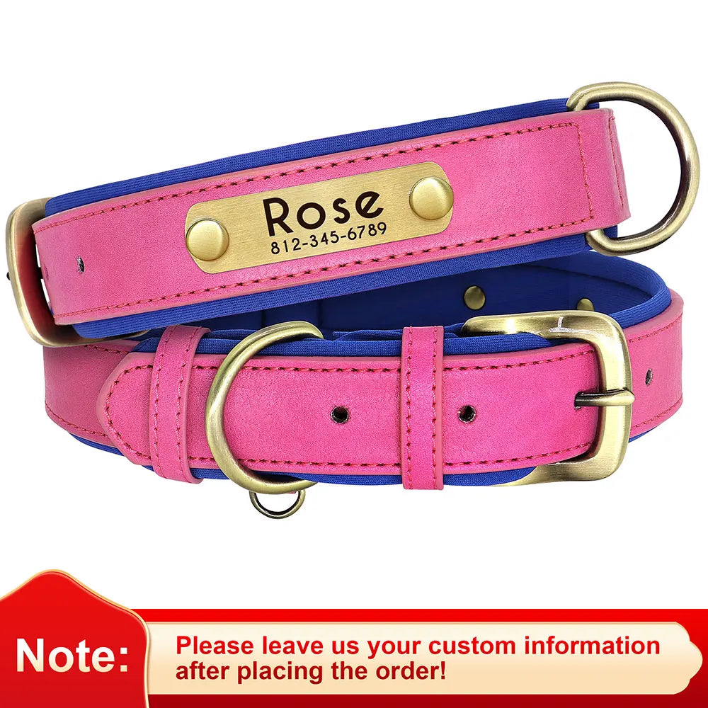 Collar para perro con placa de identificación de cuero PU personalizado, collares para perros suaves y acolchados, grabado gratuito, nombre para perros pequeños, medianos y grandes, ajustable